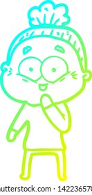cold gradient line drawing of a cartoon happy old woman