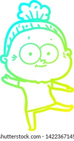 cold gradient line drawing of a cartoon happy old woman