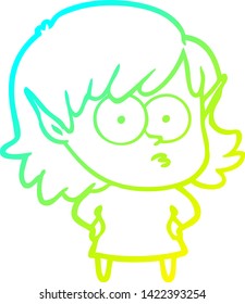cold gradient line drawing of a cartoon shocked elf girl