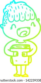 cold gradient line drawing of a cartoon happy boy with new books