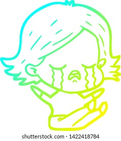 cold gradient line drawing of a cartoon girl crying
