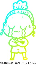 dibujo en línea de gradiente frío de una anciana llorando caricatura
