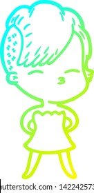 cold gradient line drawing of a cartoon squinting girl in dress