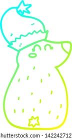 cold gradient line drawing of a cartoon bear wearing christmas hat