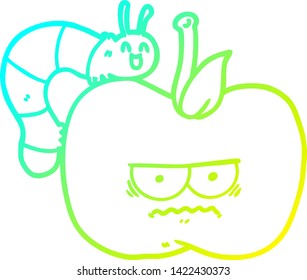 cold gradient line drawing of a cartoon grumpy apple and caterpillar