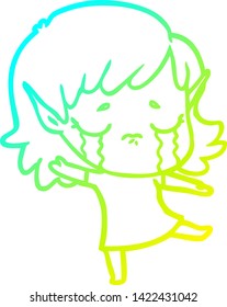 cold gradient line drawing of a cartoon crying elf girl