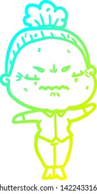 cold gradient line drawing of a cartoon annoyed old lady