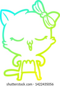 cold gradient line drawing of a cartoon cat with bow on head