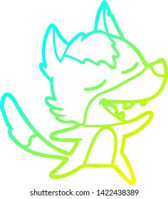 dibujo de una línea de gradiente frío de un lobo de dibujos animados riendo