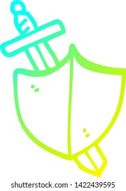dibujo de línea de degradado frío de una espada de dibujos animados y un escudo