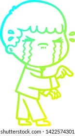 dibujo de una línea de degradado frío de un hombre de dibujos animados llorando