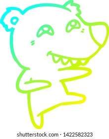 dibujo de una línea de degradado frío de un oso de dibujos animados que muestra dientes mientras baila