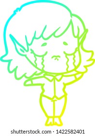 cold gradient line drawing of a cartoon crying elf girl
