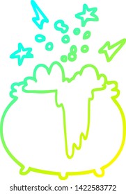 cold gradient line drawing of a cartoon witchs cauldron