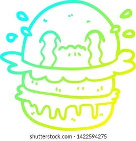 dibujo de línea de degradado frío de una caricatura llorando hamburguesa de comida rápida