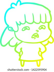 dibujo de línea de degradado frío de una mujer preocupada por la caricatura