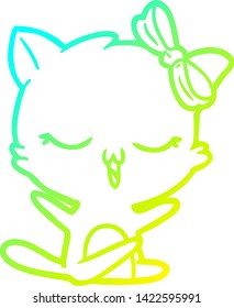dibujo de línea de degradado frío de un gato de dibujos animados con arco sobre la cabeza