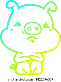 cold gradient line drawing of a cartoon angry pig sat waiting