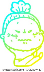 cold gradient line drawing of a cartoon annoyed old lady