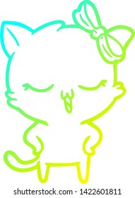 dibujo de una línea de degradado frío de un gato de dibujos animados con arco sobre la cabeza y manos sobre las caderas