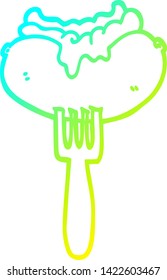 cold gradient line drawing of a cartoon hotdog with mustard and ketchup on fork