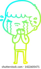 dibujo de una línea de degradado frío de un hombre de dibujos animados llorando