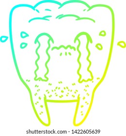 desenho de linha de gradiente frio de um dente de desenho animado chorando