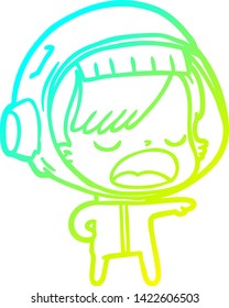 cold gradient line drawing of a cartoon astronaut woman explaining
