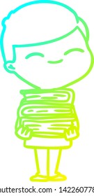 cold gradient line drawing of a cartoon smiling boy with stack of books