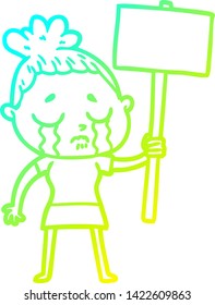 kalte Farbverlauf-Linie Zeichnung einer Cartoon weinenden Frau mit Protestschild