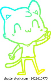 cold gradient line drawing of a cartoon happy cat giving peace sign