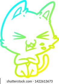cold gradient line drawing of a cartoon cat hissing