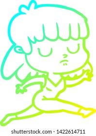 cold gradient line drawing of a cartoon indifferent woman running