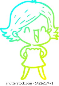 cold gradient line drawing of a cartoon happy woman