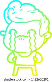 dibujo de una línea de degradado frío de un hombre de dibujos animados llorando