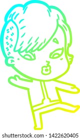 cold gradient line drawing of a cartoon surprised girl in science fiction clothes