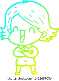 cold gradient line drawing of a cartoon laughing woman
