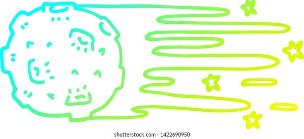 dibujo de línea de degradado frío de un asteroide volador de dibujos animados