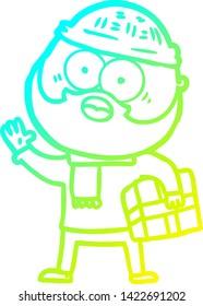 cold gradient line drawing of a cartoon bearded man with present