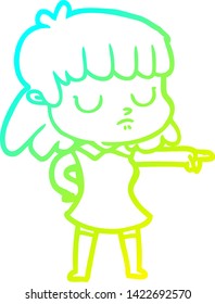 cold gradient line drawing of a cartoon indifferent woman pointing