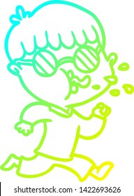 cold gradient line drawing of a cartoon boy wearing spectacles and running