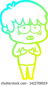 cold gradient line drawing of a cartoon exhausted boy