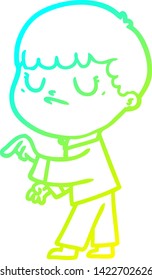 cold gradient line drawing of a cartoon grumpy boy