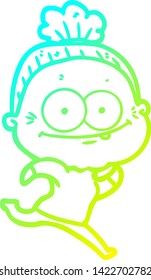 cold gradient line drawing of a cartoon happy old woman