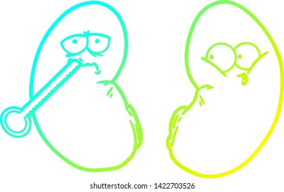 dibujo de línea de gradiente frío de una caricatura de riñón no saludable