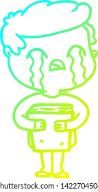 cold gradient line drawing of a cartoon man crying holding book