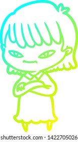 cold gradient line drawing of a cartoon woman