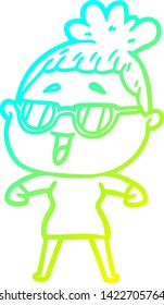 cold gradient line drawing of a cartoon happy woman wearing spectacles