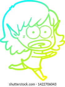 cold gradient line drawing of a cartoon shocked elf girl