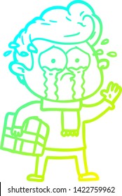cold gradient line drawing of a cartoon crying man with present